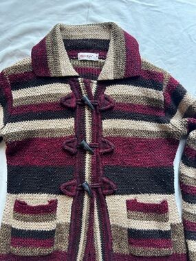 Striped Knit Sweater Jacket - Wine, Cream & Black